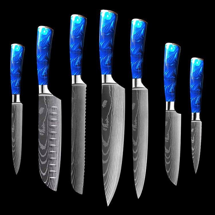 8-inch Chef Knife with Blue Resin Handle (Option: Blue 7piece set)
