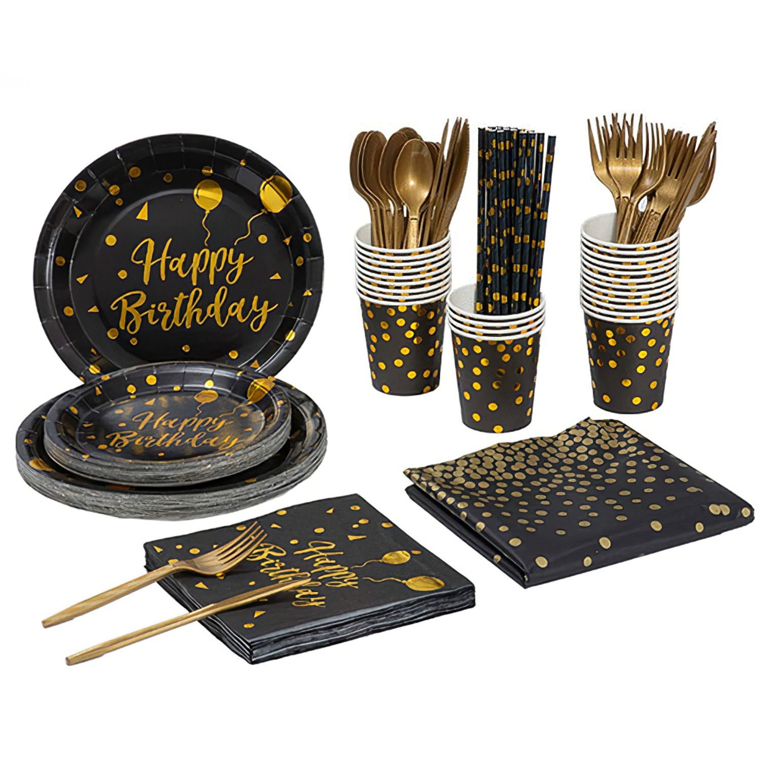 201PCS Black Gold Birthday Party Supplies For 25 Guests Happy Birthday Disposable Dinnerware Set Paper Plates 9OZ Cups Straws Napkins Forks Knive (Color: Black)