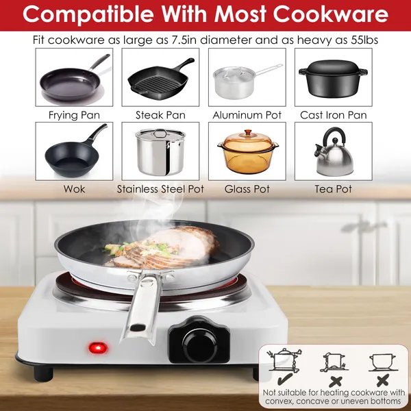 1200W Electric Infrared Single Burner Portable Heating Hot Plate Stove Countertop RV Hotplate With 7.5' Glass Cooktop Stepless Temperature Adjust (Color: White)
