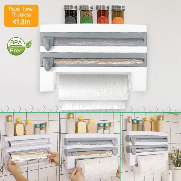 Magnetic Plastic Cling Film Dispenser With Cutter, Refillable Aluminum Foil And Plastic Cling Film Storage Box For Kitchen (Color: Grey)