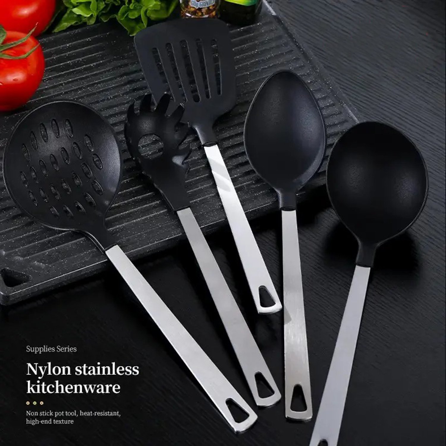 High Quality 5-piece Cooking Utensil Set - Stainless Steel Handle And Nylon Faucet, Non Stick Pan, Heat-resistant, Suitable For Home Use, Kitchen (Option: 5piece)