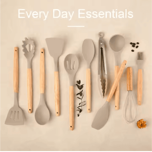 Non-Stick Silicon 12 Pcs Heat Resistant Wooden Handle Kitchen Cooking Utensils Set, Khaki Color (Color: Khaki)
