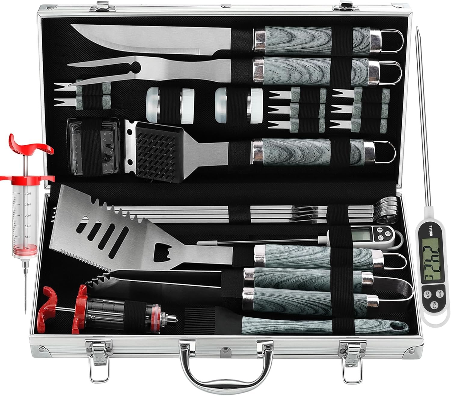 Grilljoy 24PCS BBQ Grill Tools Set With Meat Thermometer And Injector - Extra Thick Stainless Steel Fork, Spatula& Tongs - Complete BBQ Accessori (Option: Grey-Stainless Steel)
