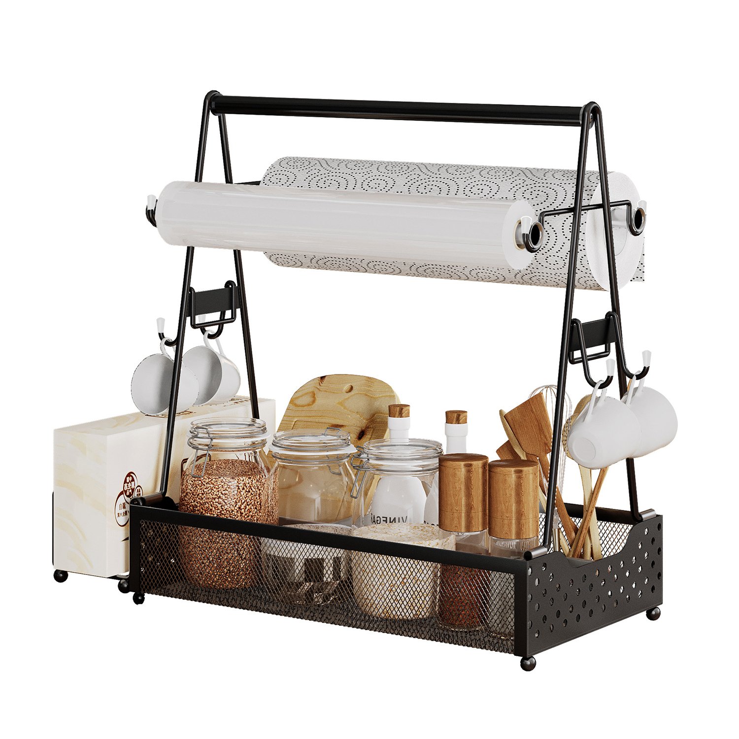 Utensil Caddy Metal Grill Caddy With Paper Towel Holders Utensil Holder For Outdoor Picnic Barbecue Camping Grilling Tools Storage Organizer Barb (Color: Black)