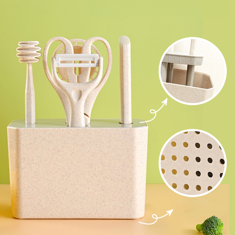 7pcs Kitchen Small Tool Multifunctional Cooking Set, Made Of Wheat Straw Material, With Storage Seat, Melon Planer, Baking Tools-Selling On Amazo (Option: 7piece set)