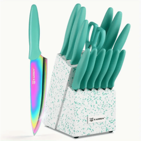 14-Piece Rainbow Colored High Carbon Stainless Steel Kitchen Knife Set, Titanium Coated Blade, Rust-Free & Super Sharp, Flatware Set With Wooden (Color: Green)