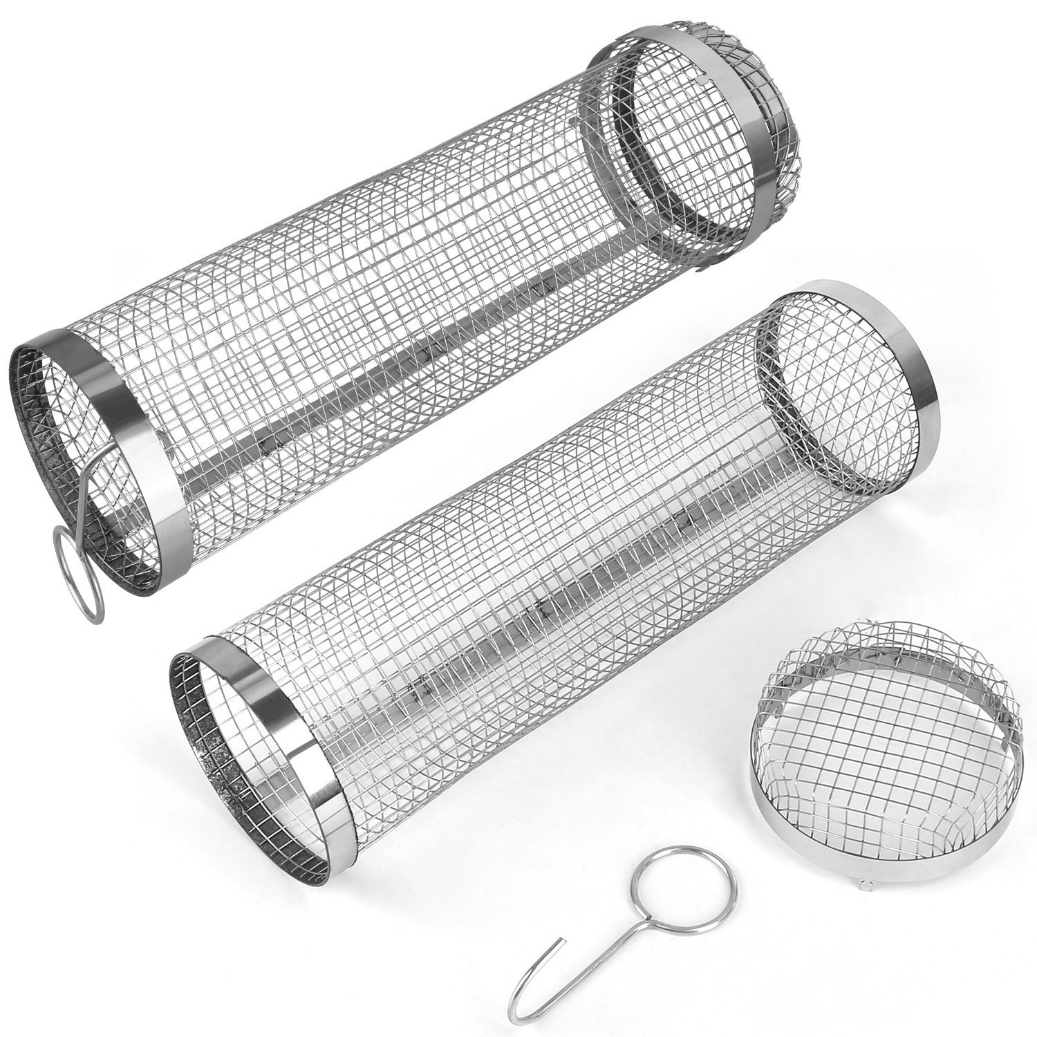 2Pcs 3.42x11.61Inch Portable BBQ Rolling Basket Round Stainless Steel Grill Mesh Barbecue Net Tube With Removable Cover Outdoor Camping (Option: 2pcs)