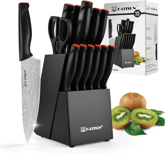 Damascus Pattern 15-Piece Kitchen Knife Set With Block, High Carbon Steel Chef Knife, Includes Sharpener And Scissors, Ergonomic Black Anti-Slip (Option: Black-15Pieces)