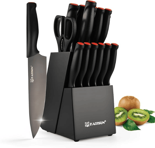 15-Piece Knife Set, High Carbon Stainless Steel Imported From Germany, Beveled Mercerized Blade, Black Titanium Stainless Steel Knives Block Set (Option: Black-15Pieces)