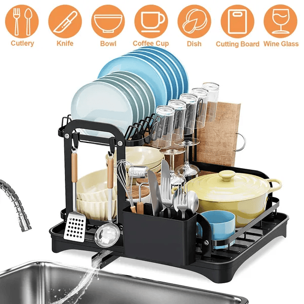 2-Tier Dish Drying Rack For Kitchen Counter Space Saving Rustproof Dish Rack With Drainboard Detachable Kitchen Drainer Organizer Set (Color: Black)